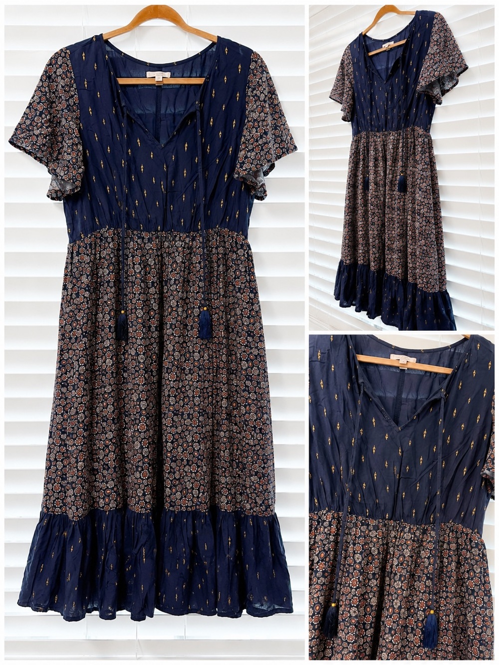 LC Lauren Conrad Navy Floral Tiered Midi Dress with Gold Motifs